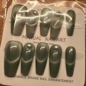Green Cat‎ Eye Press On Nails with Pearl Accent Long Coffin Shape Fake Nails
